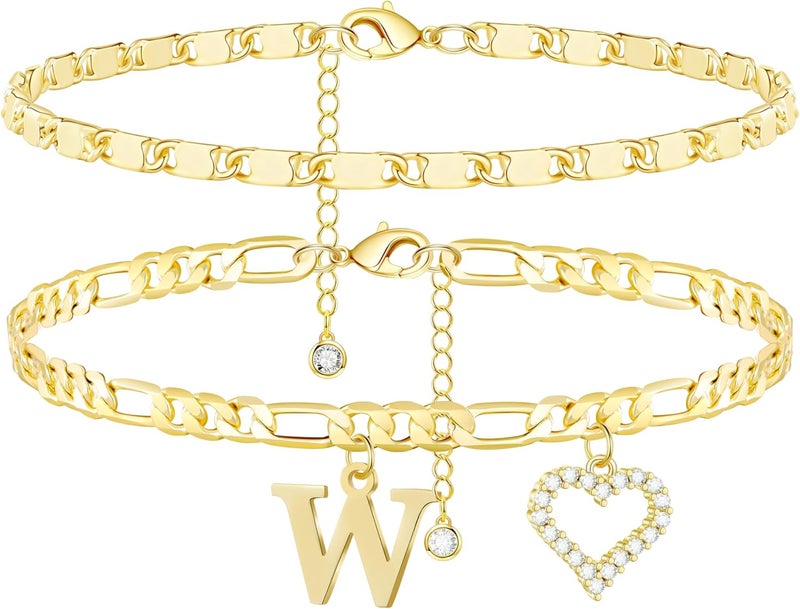 Wremily Initial Ankle Bracelets for Women Waterproof 14K Gold Plated Dainty Layered Figaro Chain Letter Initial CZ Heart Ankle Bracelets Set Summer Beach Jewelry for Women - Image 1